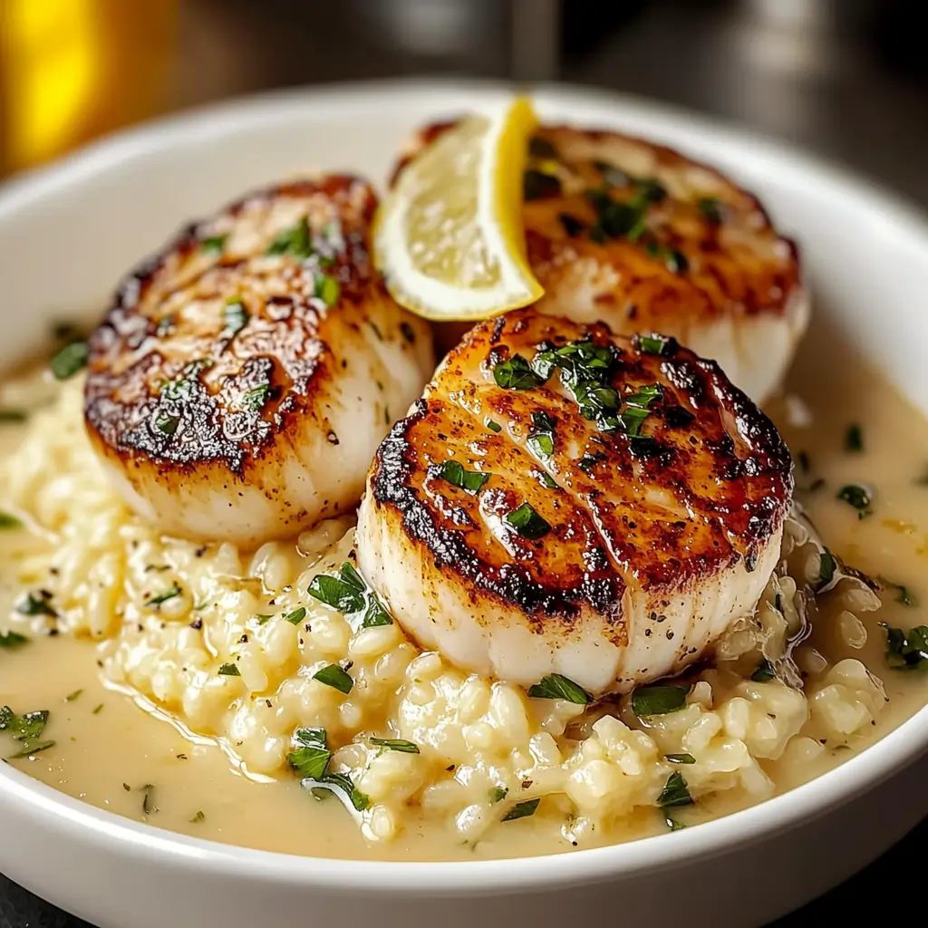Seared scallops with risotto and lemon butter sauce