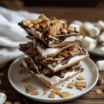 S’mores Bark pieces on white dish with melted chocolate and marshmallows