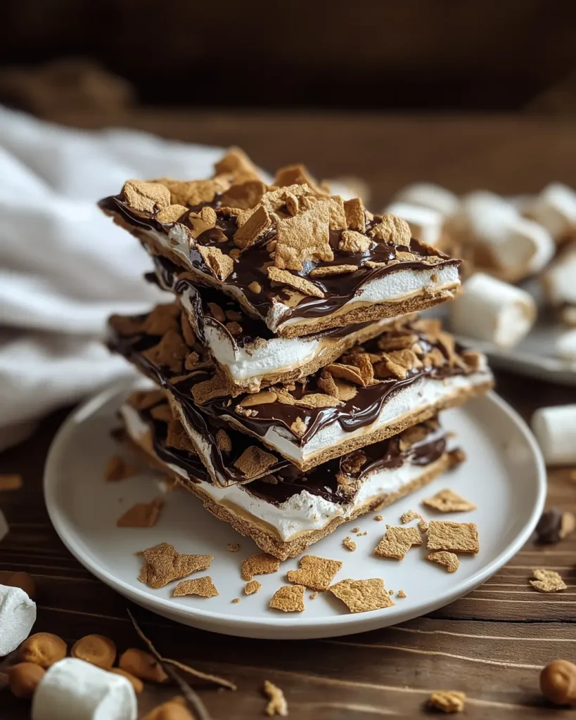 S’mores Bark pieces on white dish with melted chocolate and marshmallows