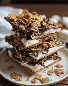 S’mores Bark pieces on white dish with melted chocolate and marshmallows