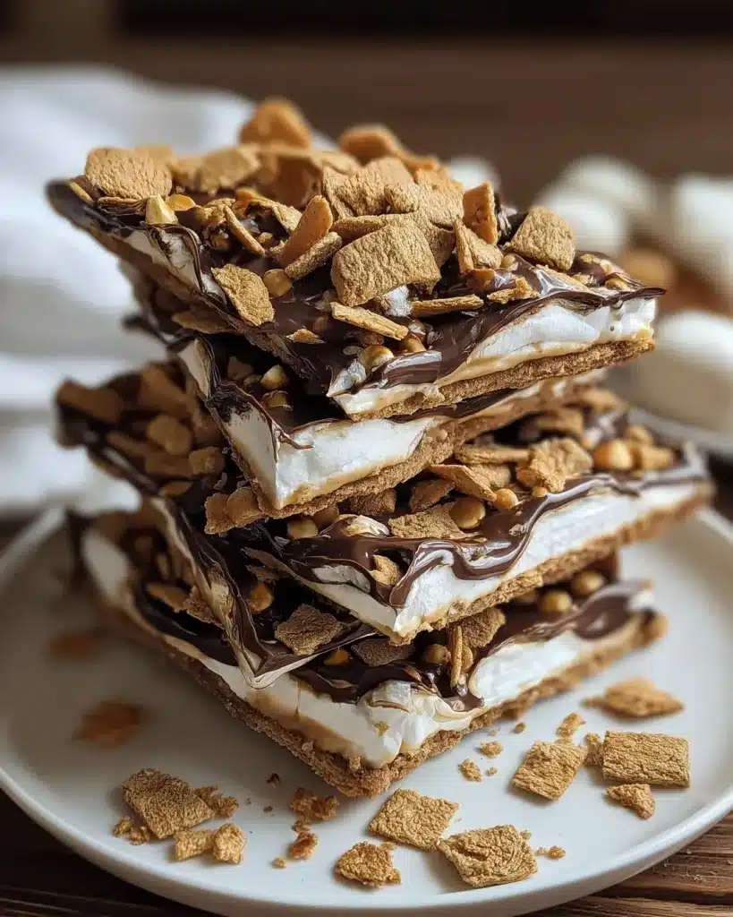 S’mores Bark pieces on white dish with melted chocolate and marshmallows