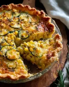 Sweet corn and zucchini pie on rustic table